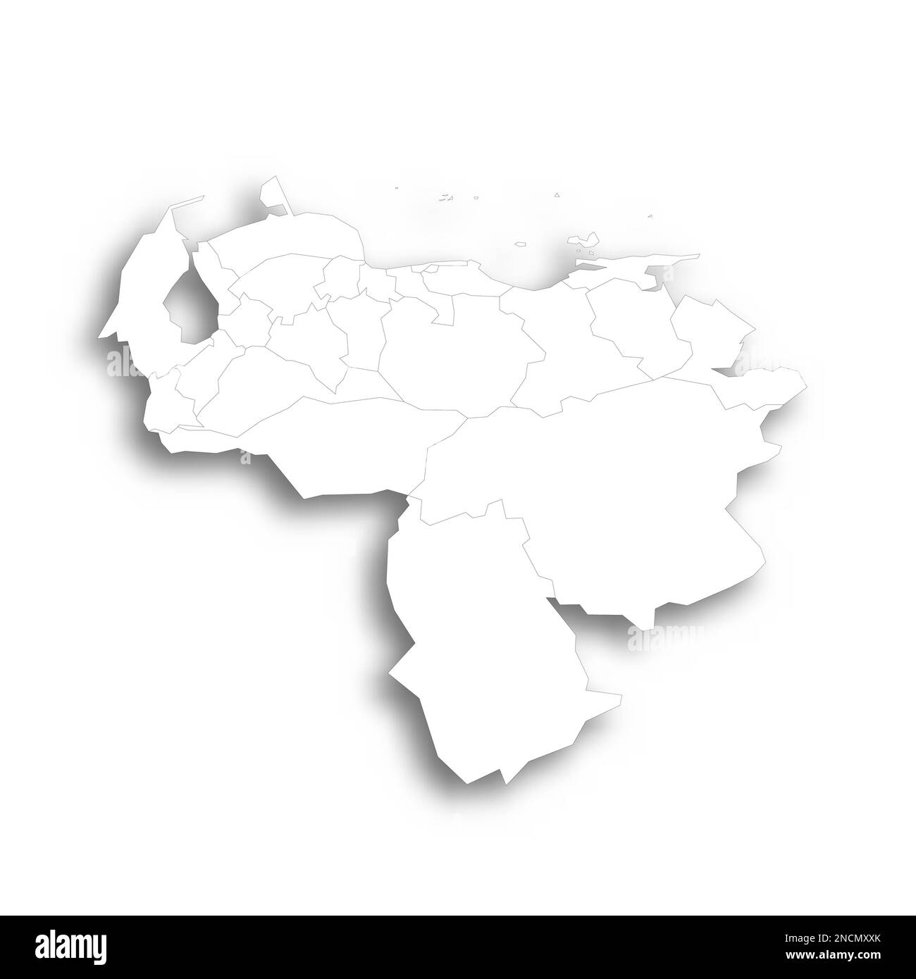 Venezuela mappa politica delle divisioni amministrative - stati, distretto della capitale e dipendenze federali. Mappa bianca piatta con contorni neri sottili e ombre sfumate. Illustrazione Vettoriale