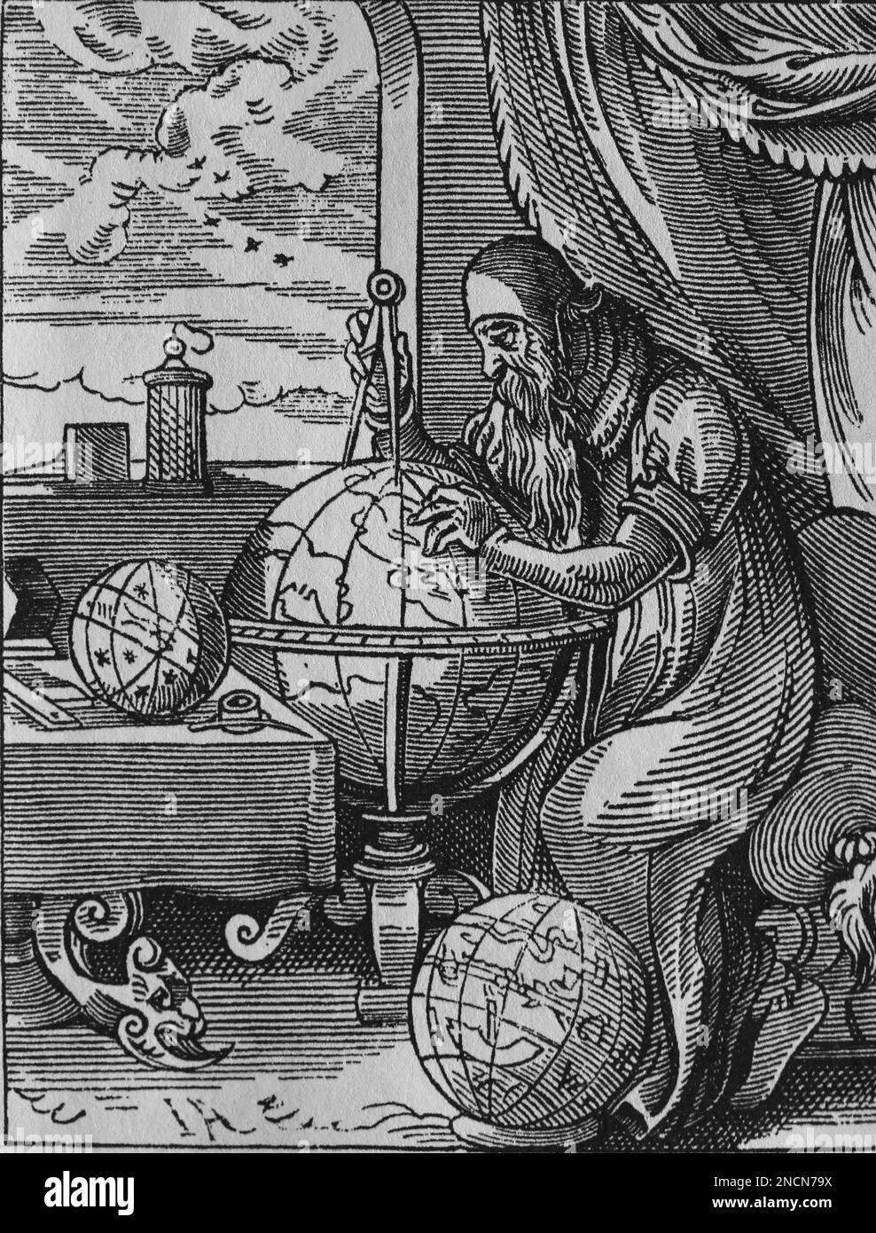 Astronomo di Geman e cosmografo, 16th ° secolo. Incisione di Jost Amman. Foto Stock