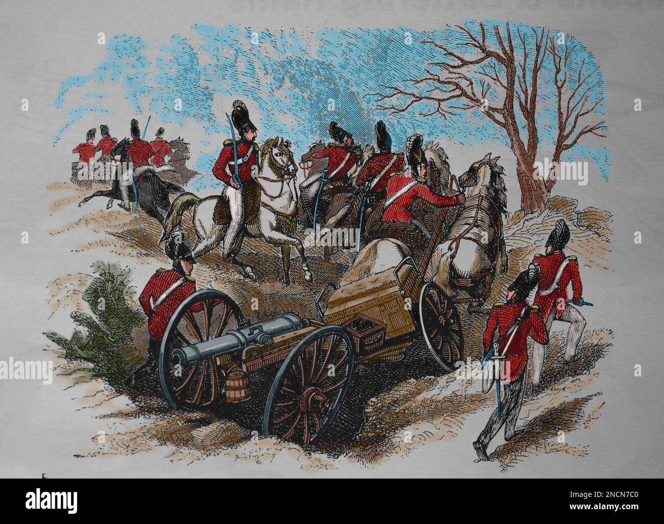 Europa. Soldati che trasportano un pezzo di artiglieria per combattere. 19th ° secolo. Incisione. Foto Stock