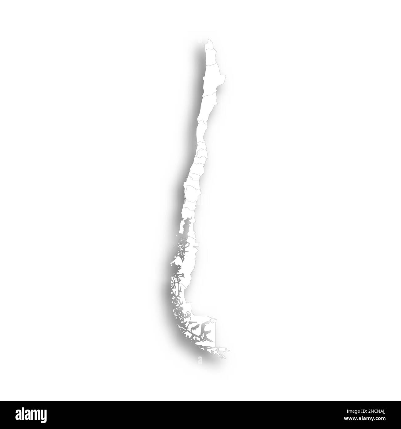 Cile carta politica delle divisioni amministrative - regioni. Mappa bianca piatta con contorni neri sottili e ombre sfumate. Illustrazione Vettoriale
