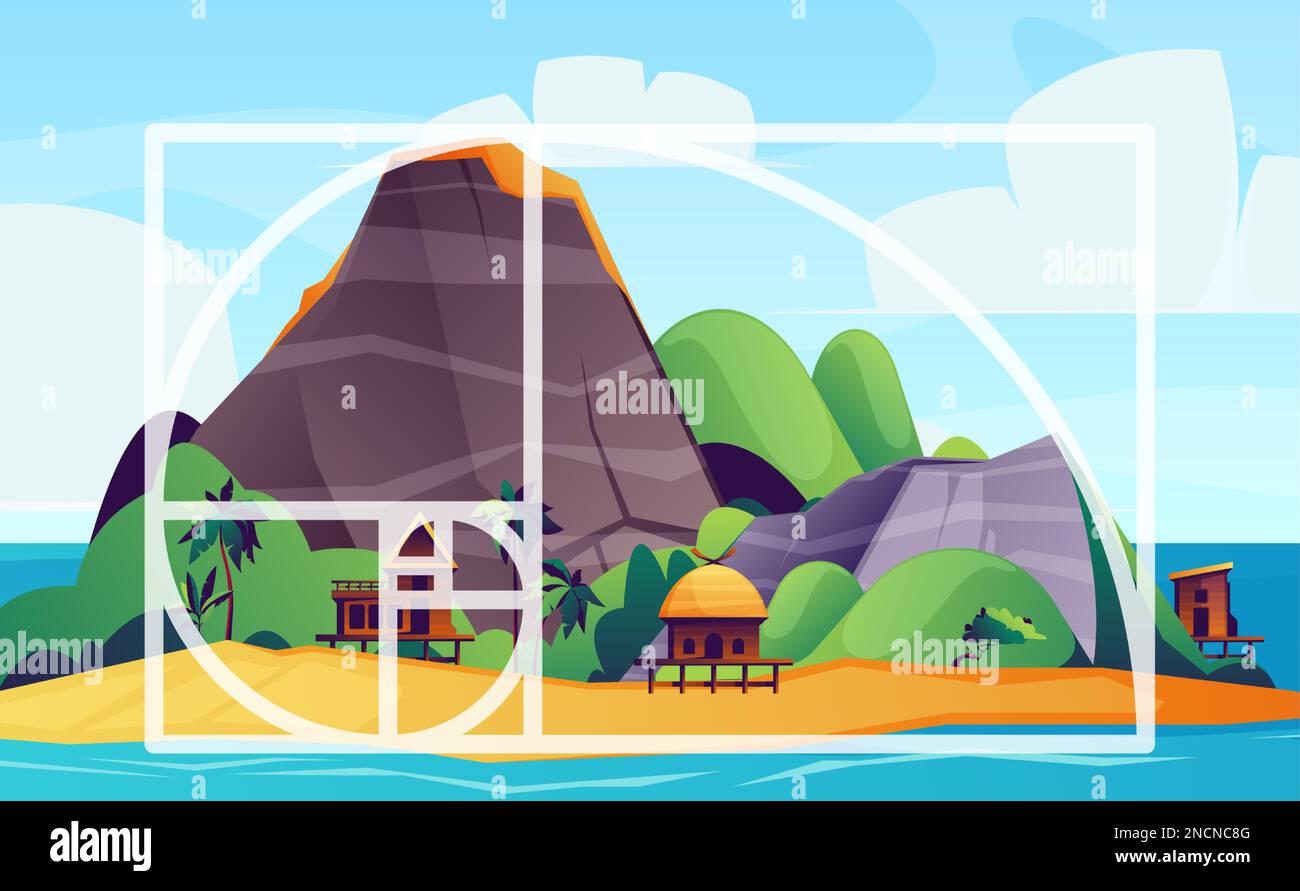 Regola di composizione dorata. Geometria armonia proporzioni composte su paesaggio tropicale, rapporto a spirale di terzi e sequenza fibonacci. Illustrazione vettoriale. Isola con spiaggia di sabbia e oceano Illustrazione Vettoriale
