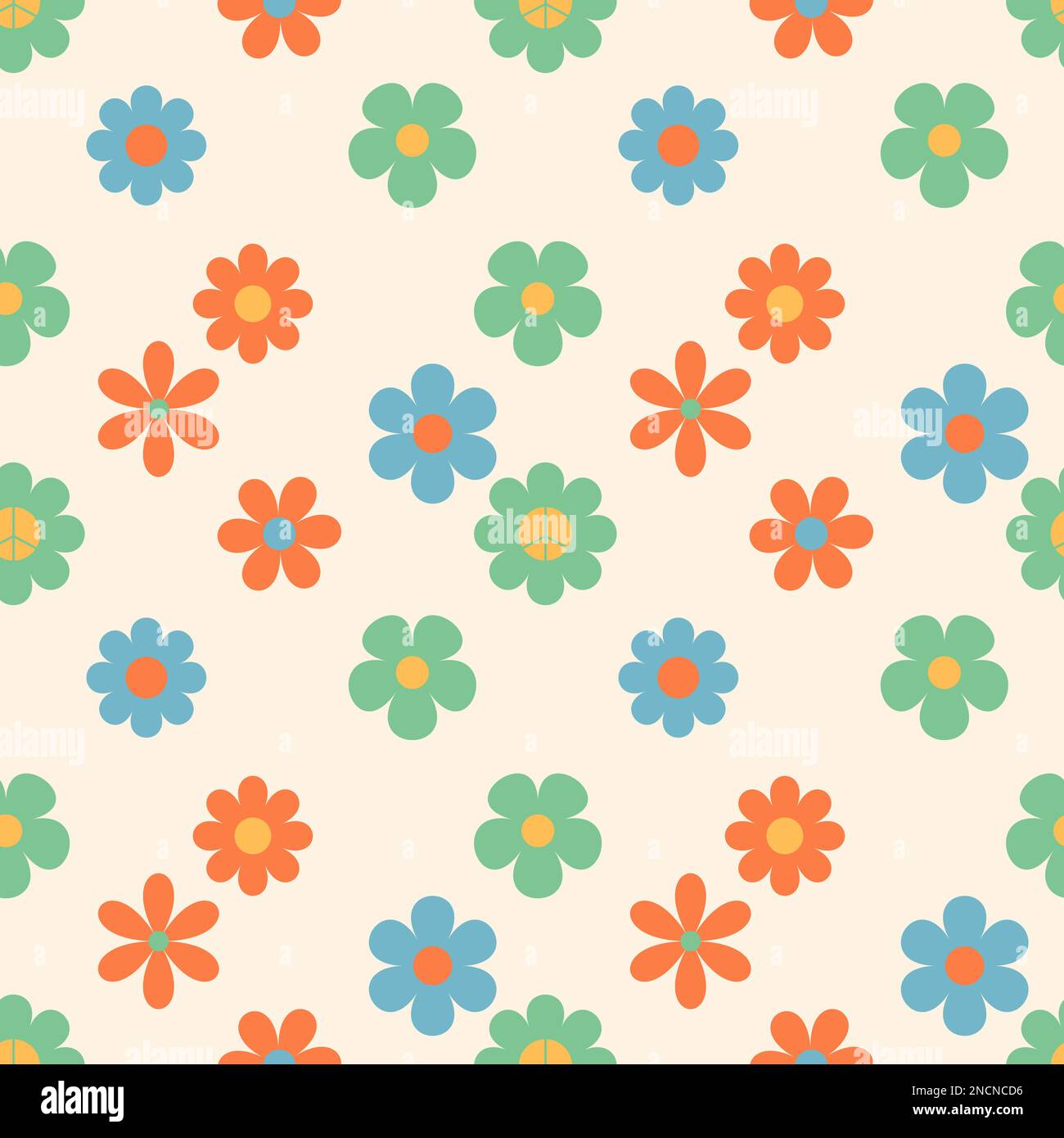 Hippie groovy felice Pasqua modello senza cuciture. Sfondi con fiori in stile cartoon retrò 60s 70s alla moda. Illustrazione Vettoriale