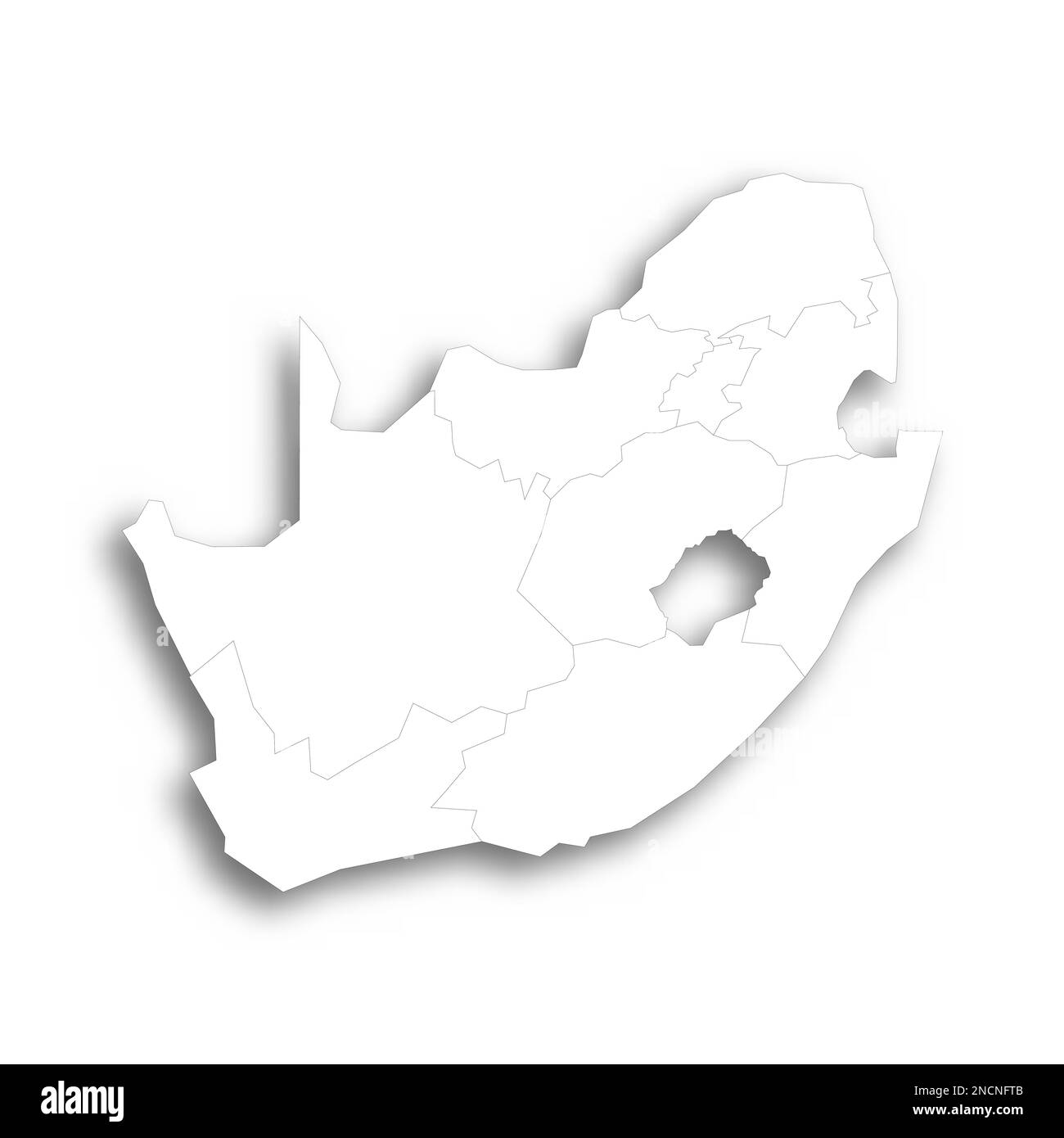Sud Africa mappa politica delle divisioni amministrative - province. Mappa bianca piatta con contorni neri sottili e ombre sfumate. Illustrazione Vettoriale