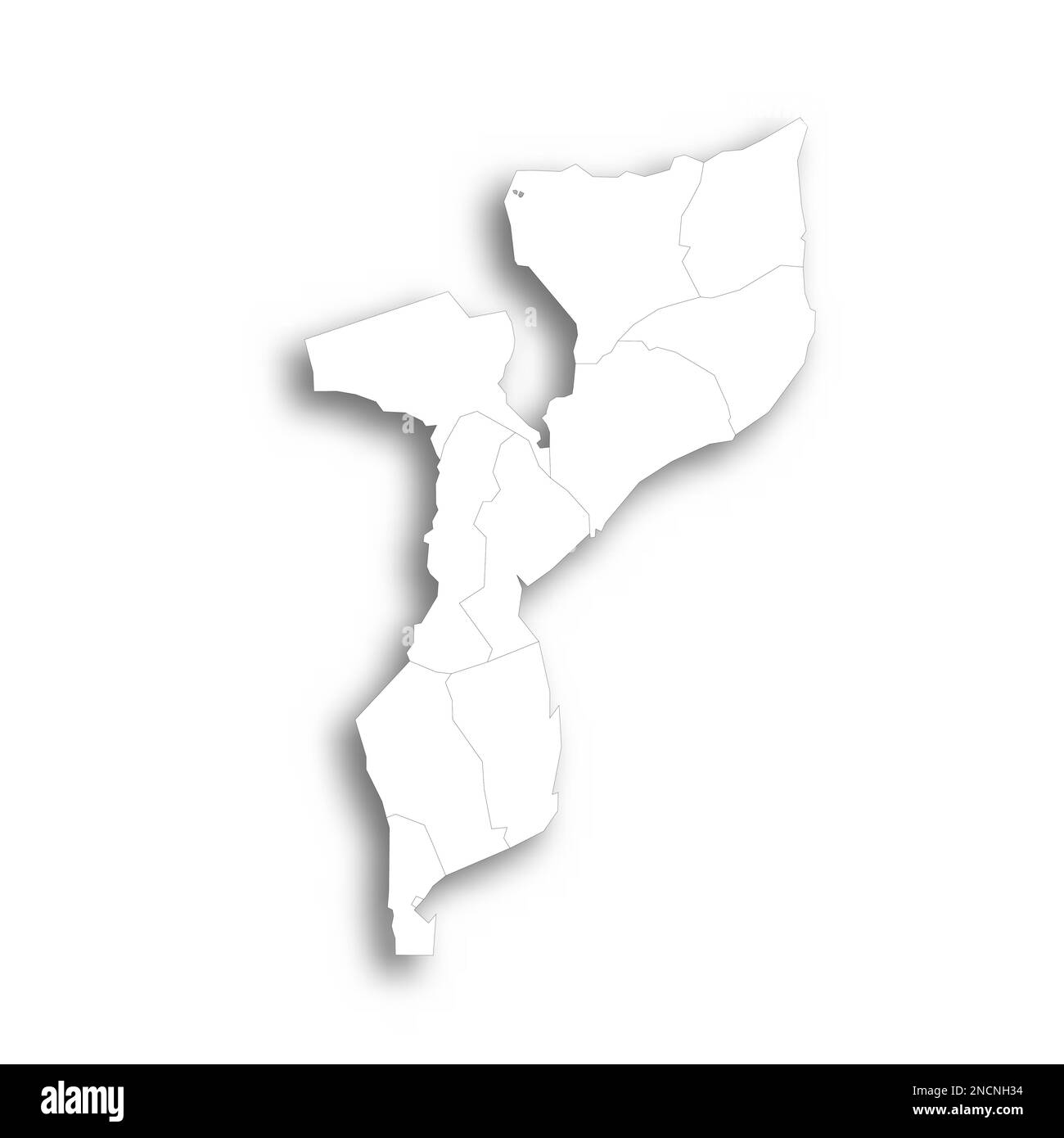 Mozambico mappa politica delle divisioni amministrative - province e capitale di Maputo. Mappa bianca piatta con contorni neri sottili e ombre sfumate. Illustrazione Vettoriale