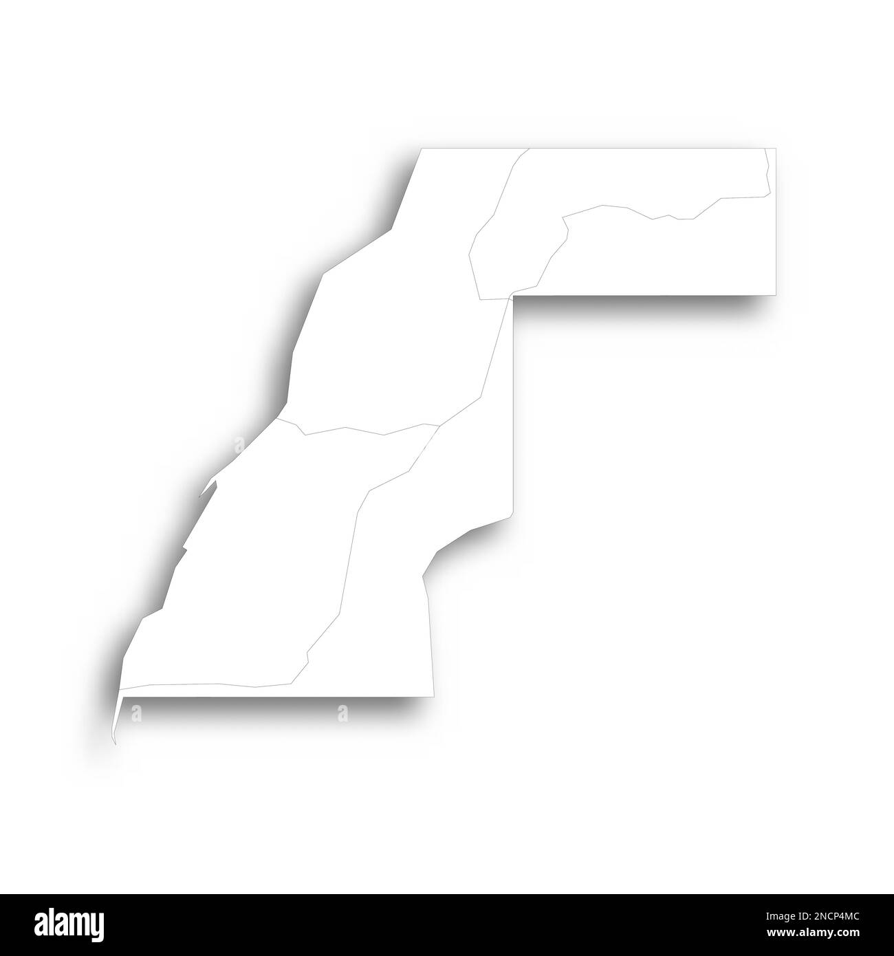 Mappa occidentale della terra divisa tra il Marocco e la Repubblica Araba Democratica del Sahara dal Muro del Sahara Occidentale del Marocco. Mappa bianca piatta con contorni neri sottili e ombre sfumate. Illustrazione Vettoriale