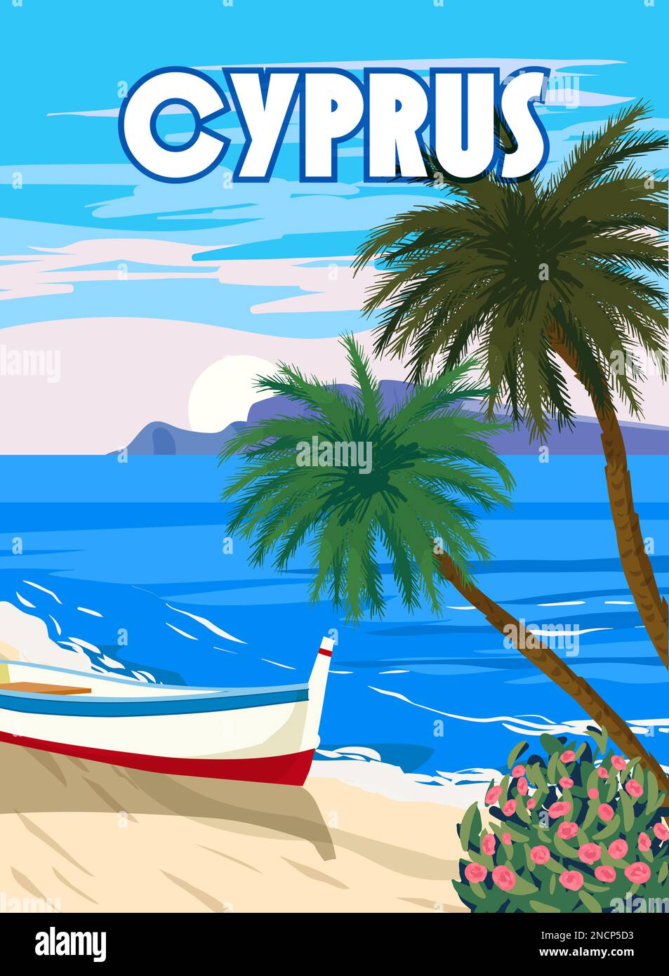 Cipro Poster Travel, mare greco, spiaggia, palme, barca, Poster, paesaggio mediterraneo. Stile vintage Illustrazione Vettoriale