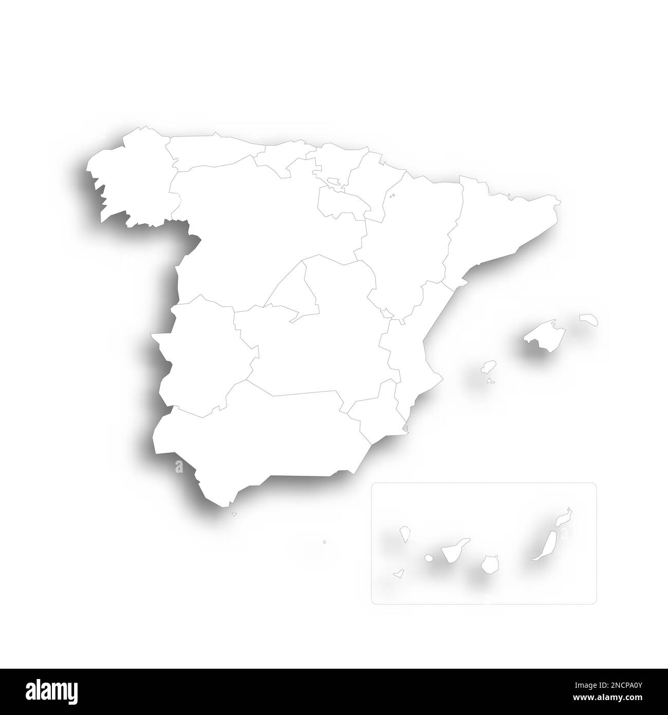 Spagna carta politica delle divisioni amministrative - Comunità autonome e città autonome di Ceuta e Melilla. Mappa bianca piatta con contorni neri sottili e ombre sfumate. Illustrazione Vettoriale
