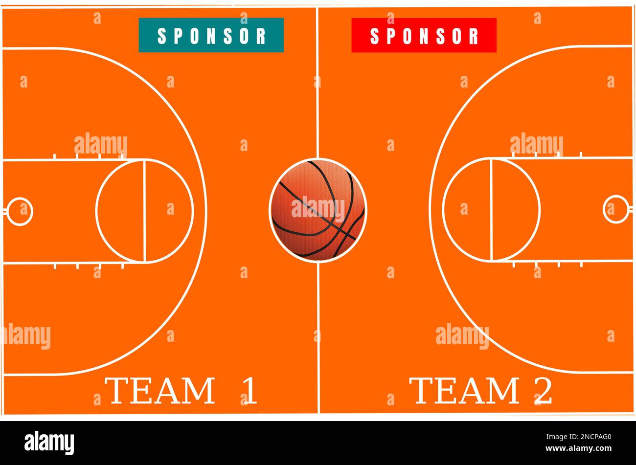 Il profilo di un campo da basket con una palla e gli spazi per i nomi degli sponsor e delle squadre consentono di progettare loghi per le squadre di basket e i tornei di basket Illustrazione Vettoriale
