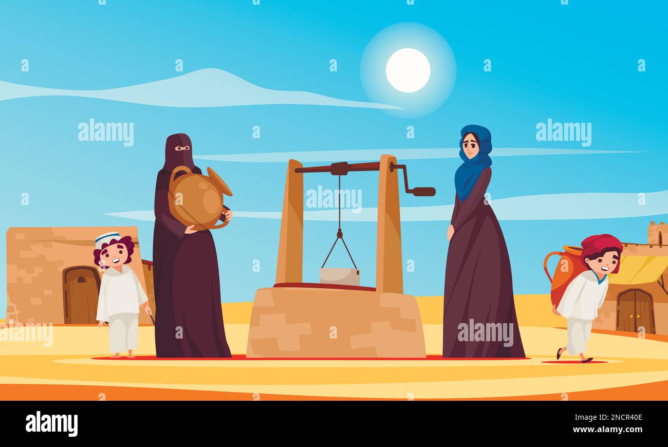 Poster cartoon scena deserto con le donne in abiti tradizionali vicino al ben vettore illustrazione Illustrazione Vettoriale