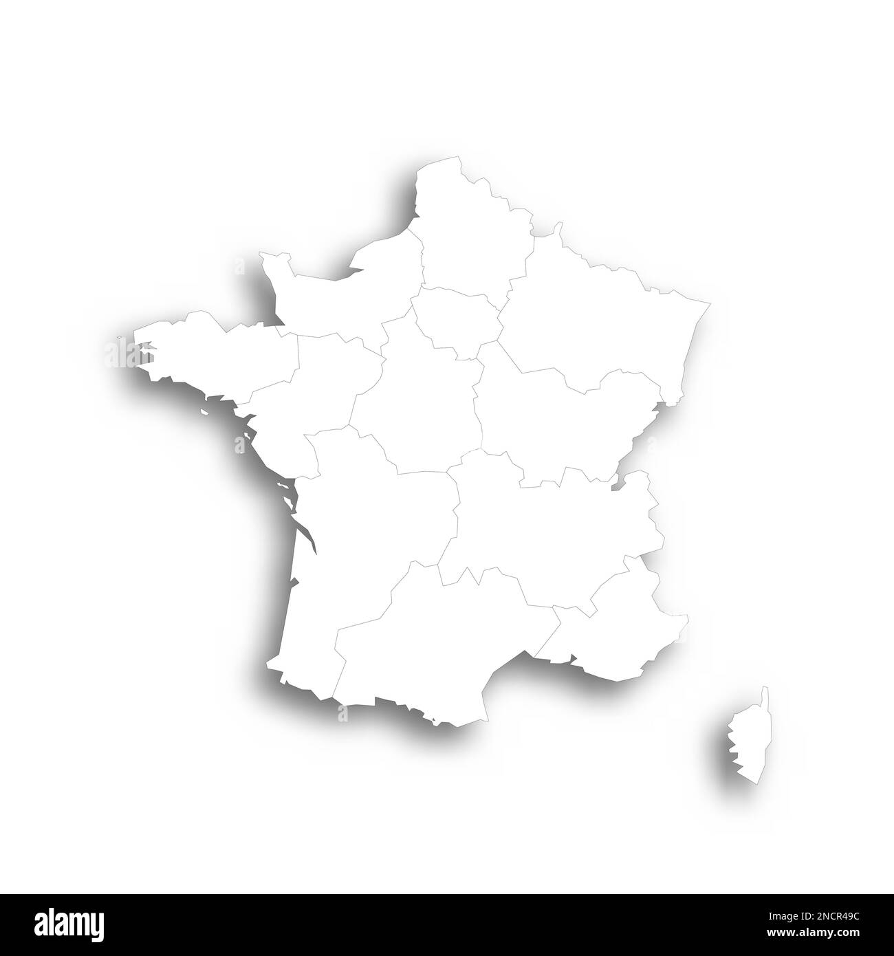 Francia carta politica delle divisioni amministrative - regioni. Mappa bianca piatta con contorni neri sottili e ombre sfumate. Illustrazione Vettoriale