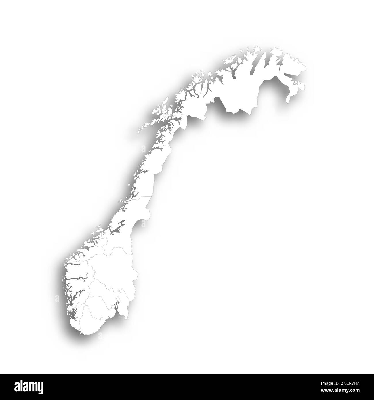 Norvegia carta politica delle divisioni amministrative - contee e città autonoma di Oslo. Mappa bianca piatta con contorni neri sottili e ombre sfumate. Illustrazione Vettoriale