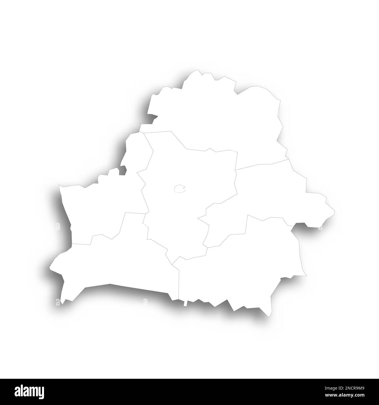 Bielorussia mappa politica delle divisioni amministrative - regioni e una città autonoma. Mappa bianca piatta con contorni neri sottili e ombre sfumate. Illustrazione Vettoriale
