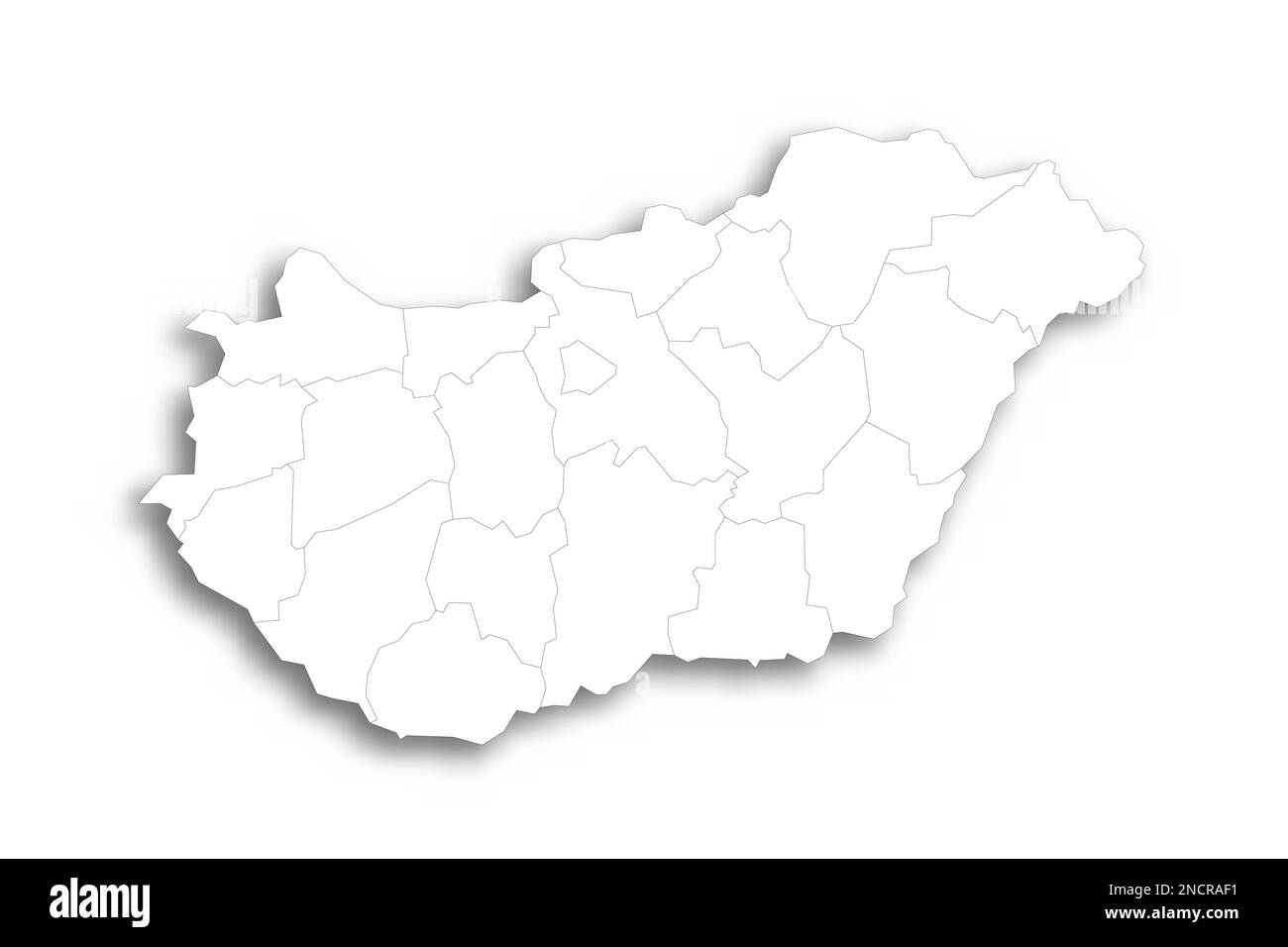 Ungheria carta politica delle divisioni amministrative - contee e città autonoma di Budapest. Mappa bianca piatta con contorni neri sottili e ombre sfumate. Illustrazione Vettoriale