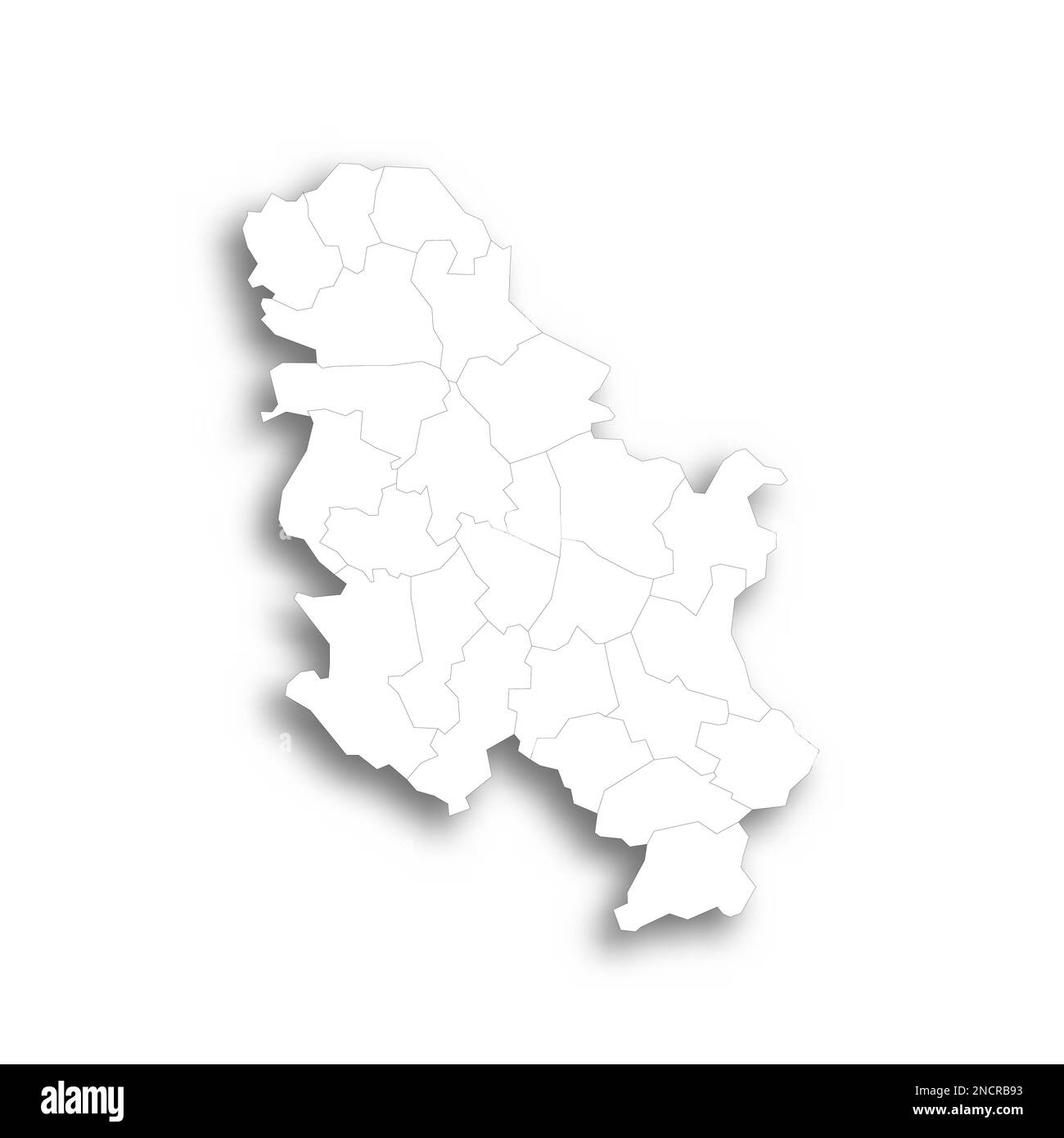 Serbia mappa politica delle divisioni amministrative - okrums e città autonoma di Belgrado. Mappa bianca piatta con contorni neri sottili e ombre sfumate. Illustrazione Vettoriale
