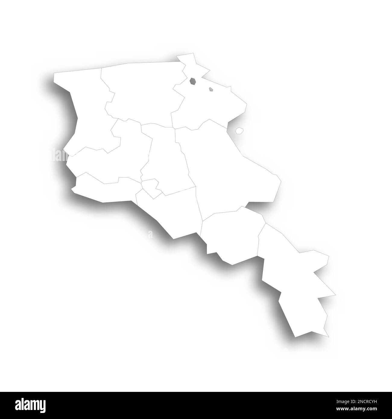 Armenia carta politica delle divisioni amministrative - province e città autonoma di Yerevan. Mappa bianca piatta con contorni neri sottili e ombre sfumate. Illustrazione Vettoriale