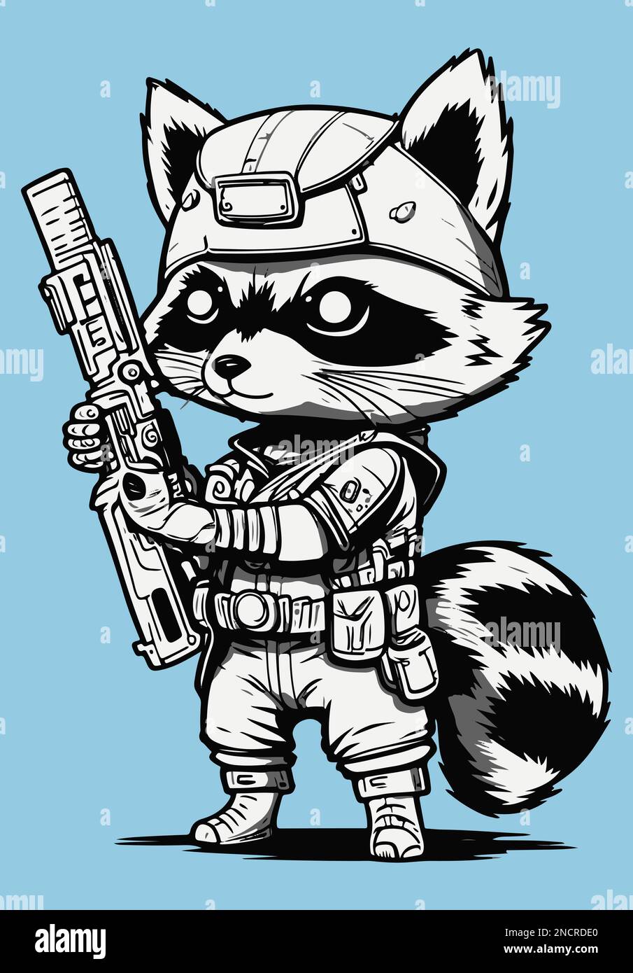 Mascotte Raccoon con casco militare e fucile Illustrazione Vettoriale