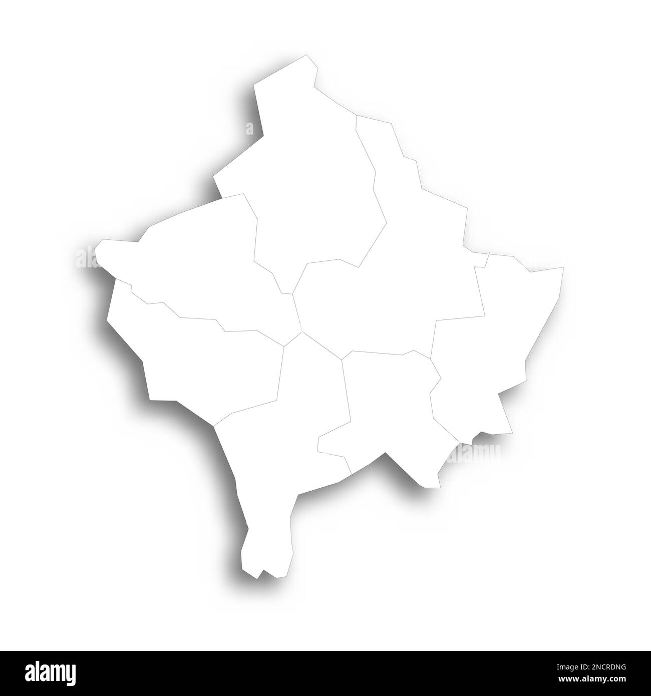 Mappa politica del Kosovo delle divisioni amministrative - distretti. Mappa bianca piatta con contorni neri sottili e ombre sfumate. Illustrazione Vettoriale