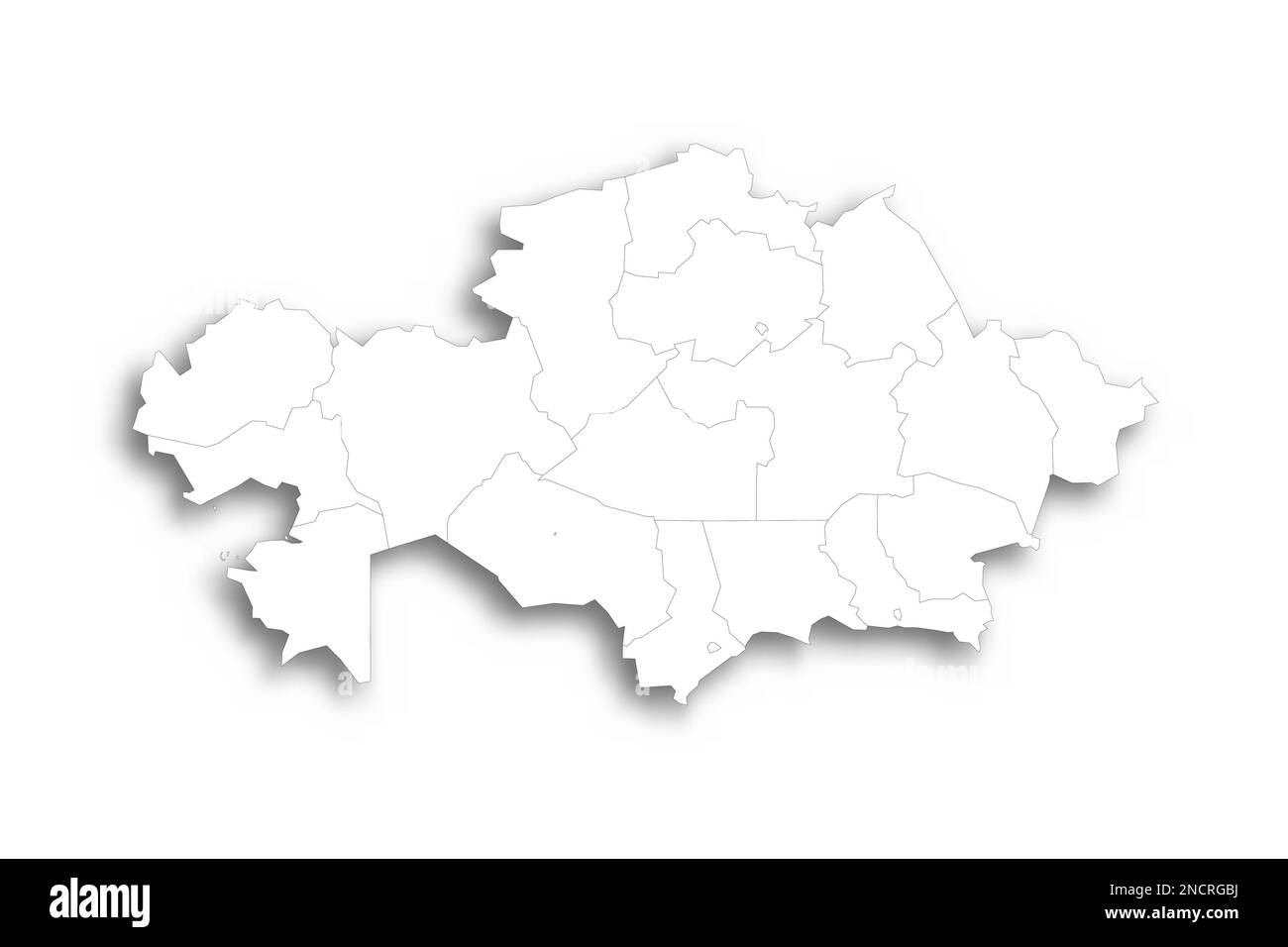 Kazakhstan carta politica delle divisioni amministrative - regioni e città con diritti regionali e città di significato repubblica Baikonur. Mappa bianca piatta con contorni neri sottili e ombre sfumate. Illustrazione Vettoriale