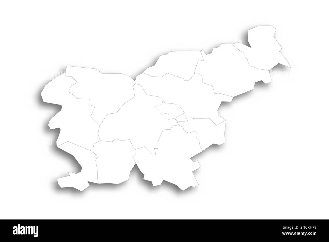 Slovenia carta politica delle divisioni amministrative - regioni statistiche. Mappa bianca piatta con contorni neri sottili e ombre sfumate. Illustrazione Vettoriale