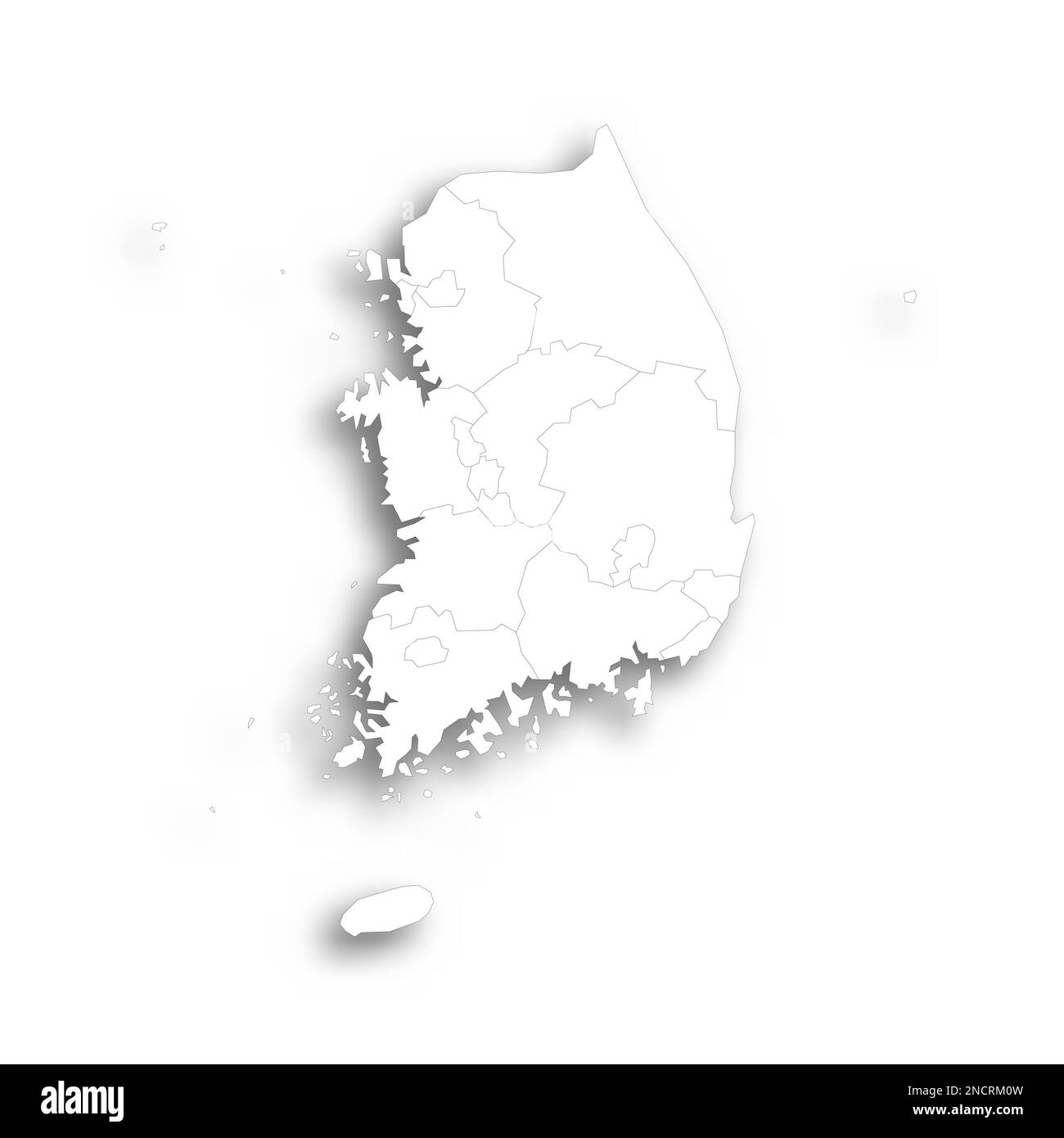 Corea del Sud mappa politica delle divisioni amministrative - province, città metropolitane, città speciale di Seolu e città speciali auto-governanti di Sejong. Mappa bianca piatta con contorni neri sottili e ombre sfumate. Illustrazione Vettoriale