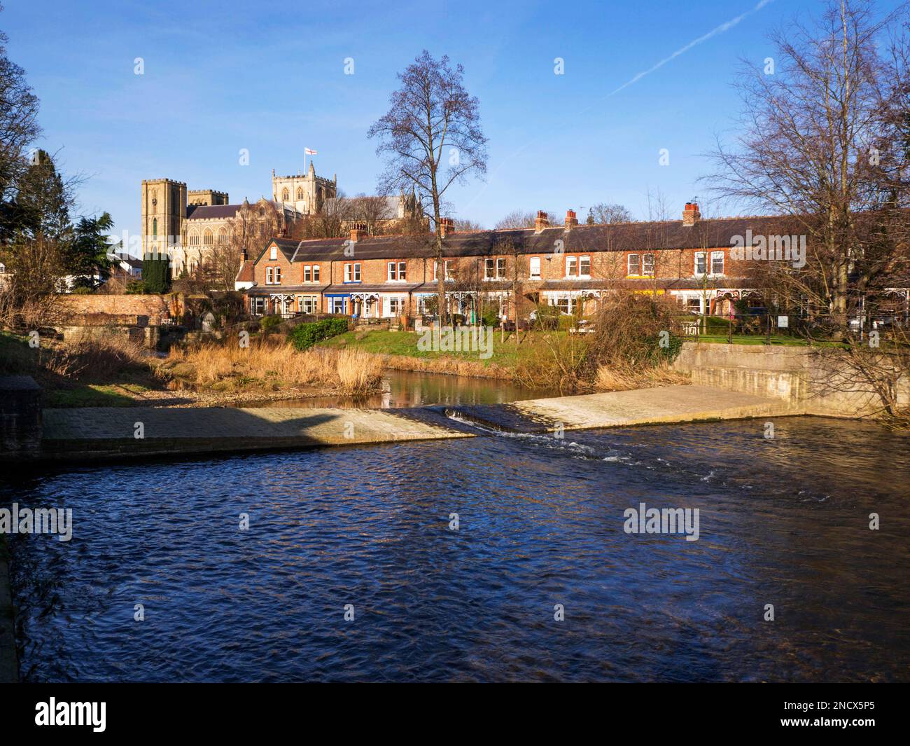 Ripon Cathedral e Skellbank Terrace dal fiume Skell Ripon North Yorkshire Inghilterra Foto Stock