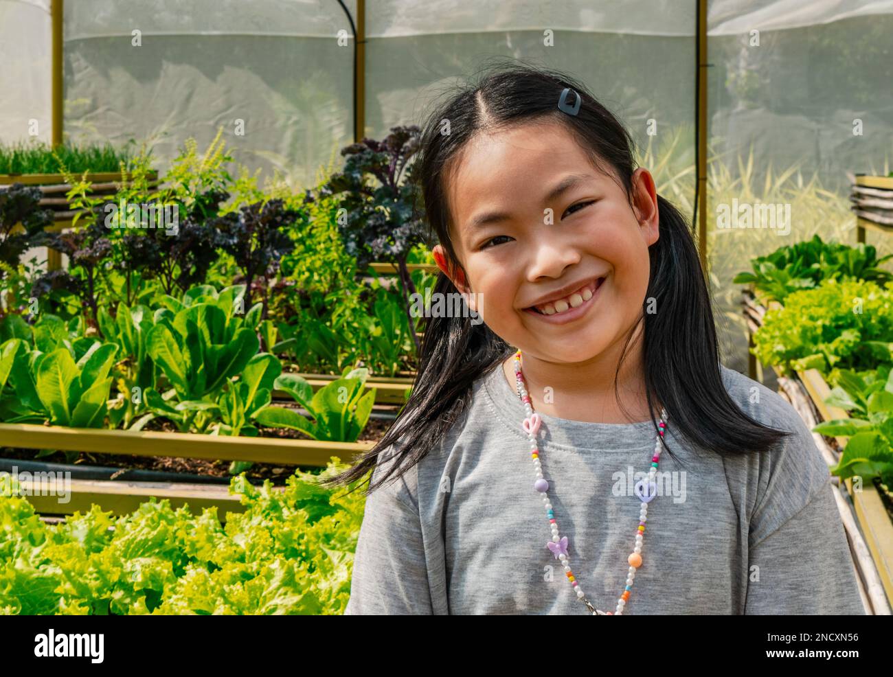 Ritratto di ragazza asiatica cute bambino in una serra vegetale organica, grande sorridente, occhi guardando la macchina fotografica, capelli lunghi neri con coda di cavallo. Foto Stock
