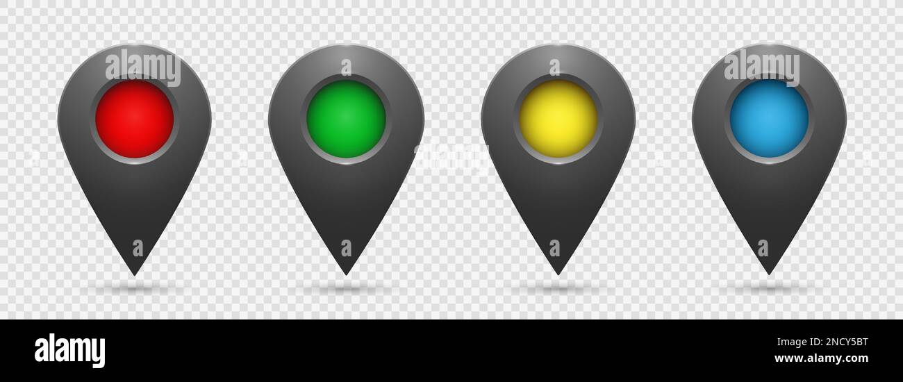 Icone di geolocalizzazione grigie realistiche su sfondo trasparente. Illustrazione Vettoriale