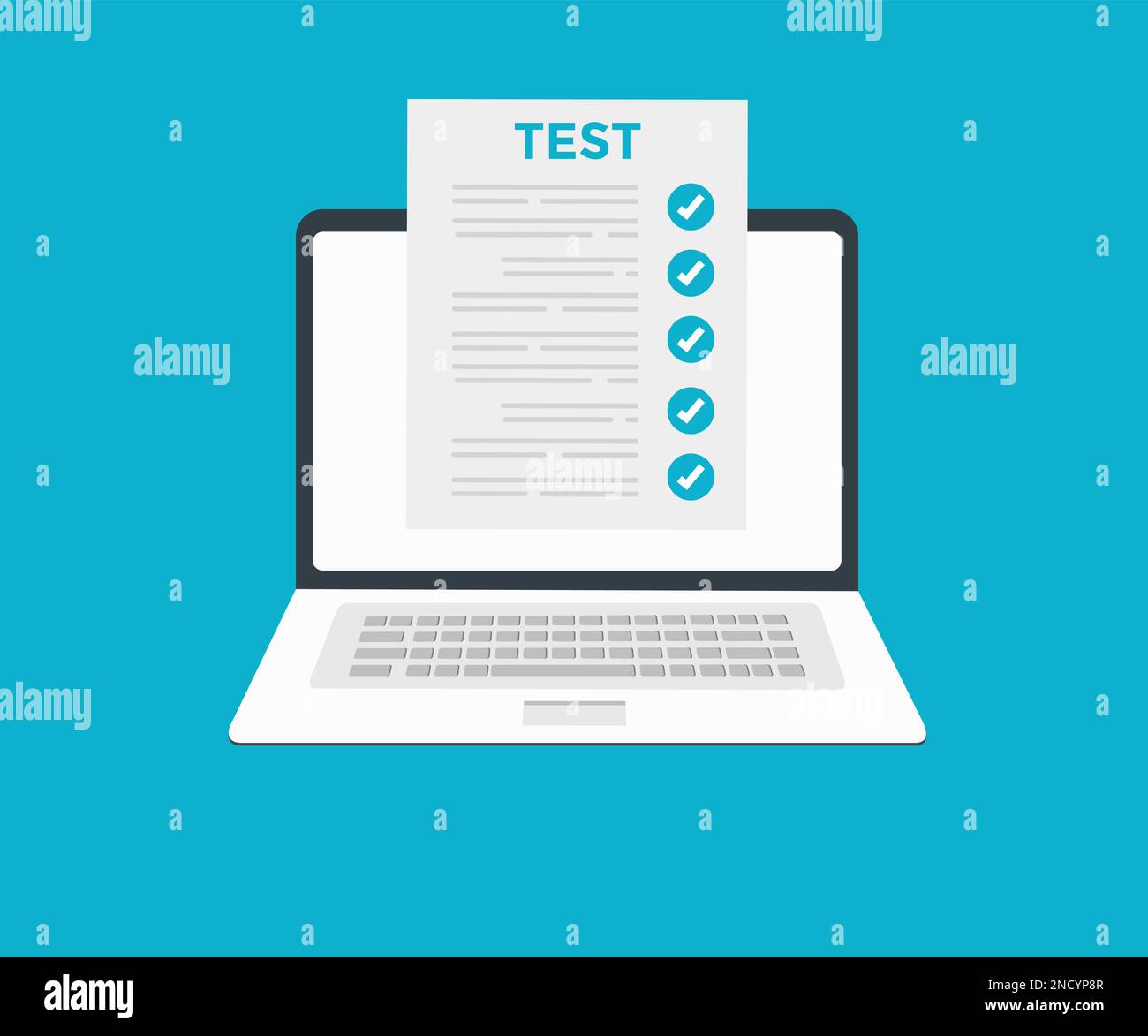 Esame online, lista di controllo e test online sul design del logo dello schermo del notebook. Modulo di sondaggi online sullo schermo del computer. Illustrazione Vettoriale