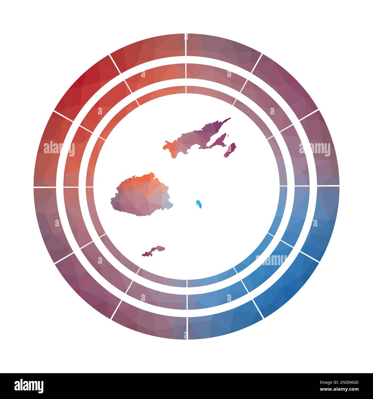 Badge Figi. Logo a sfumatura luminosa del paese in stile poly basso. Segno multicolore Fiji arrotondato con mappa in stile geometrico per le tue infografiche. Illustrazione Vettoriale
