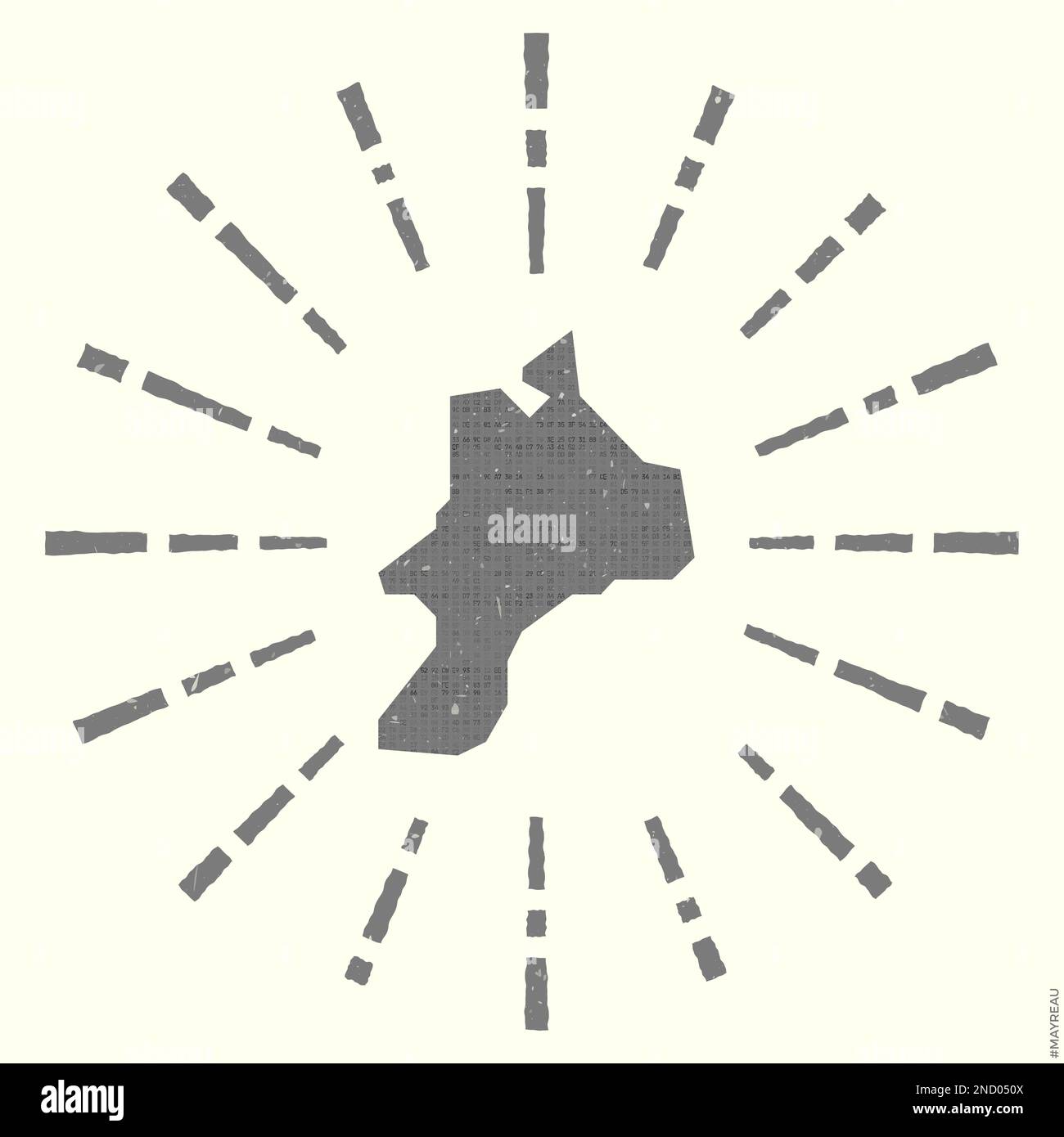 Logo Mayreau. Grunge sunburst poster con mappa dell'isola. Forma di Mayreau riempito con cifre esadecimali con raggi di sole intorno. Illustrazione del vettore radiante Illustrazione Vettoriale