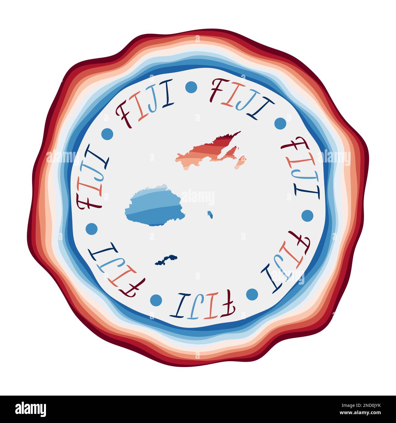 Badge Figi. Mappa del paese con belle onde geometriche e vivace cornice blu rosso. Vivace logo Fiji rotondo. Illustrazione vettoriale. Illustrazione Vettoriale
