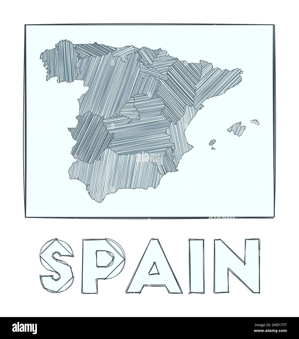 Schizzo della mappa della Spagna. Mappa del paese disegnata a mano in scala di grigi. Regioni riempite con strisce di hachure. Illustrazione vettoriale. Illustrazione Vettoriale