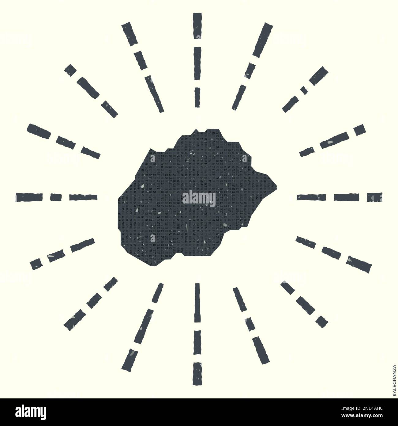 Logo Alegranza. Poster grunge Sunburst con mappa dell'isola. Forma di Alegranza riempita con cifre esadecimali con raggi solari intorno. Illustrazione Vettoriale