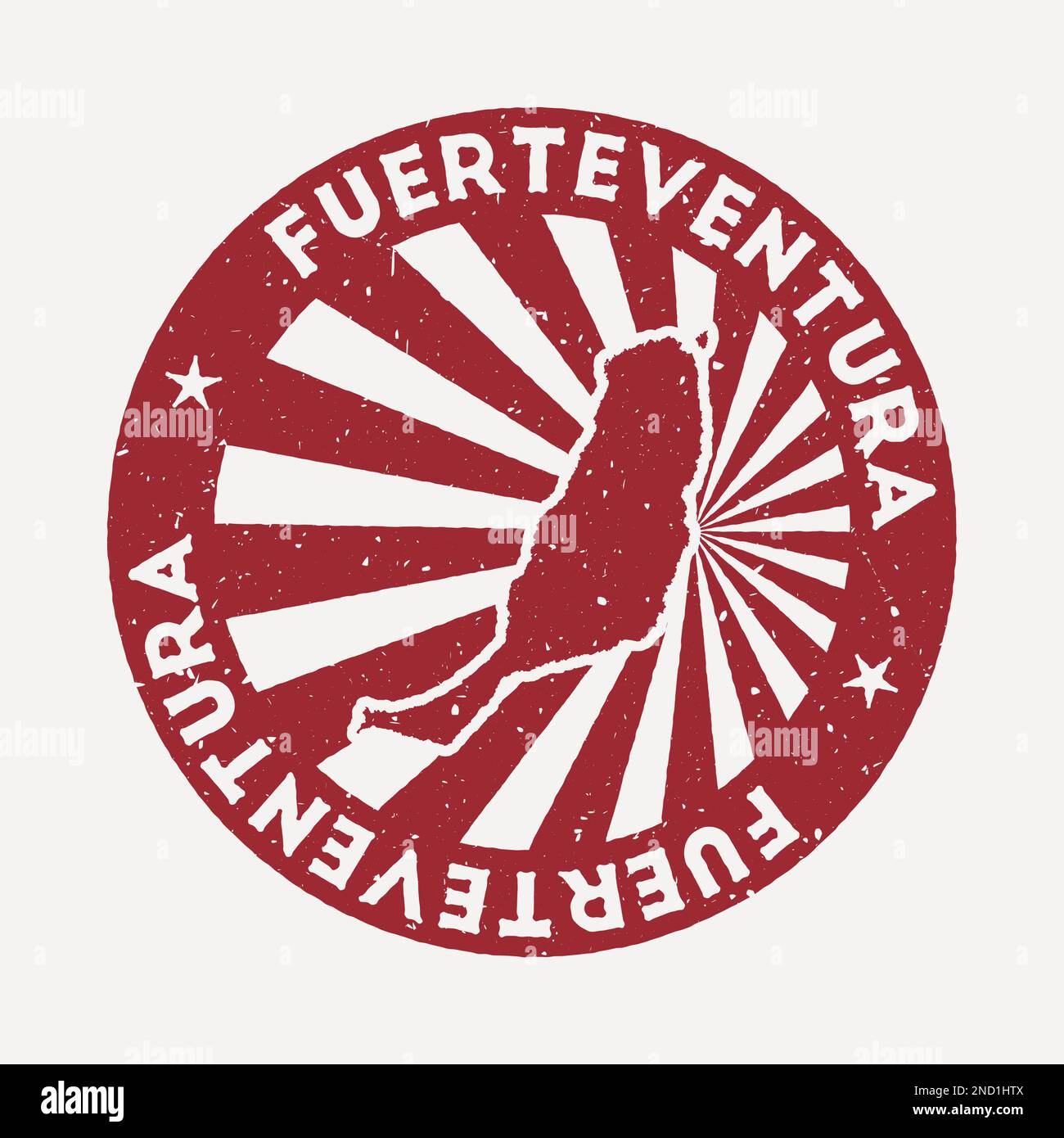 Francobollo di Fuerteventura. Viaggia con un timbro rosso con la mappa dell'isola, illustrazione vettoriale. Illustrazione Vettoriale