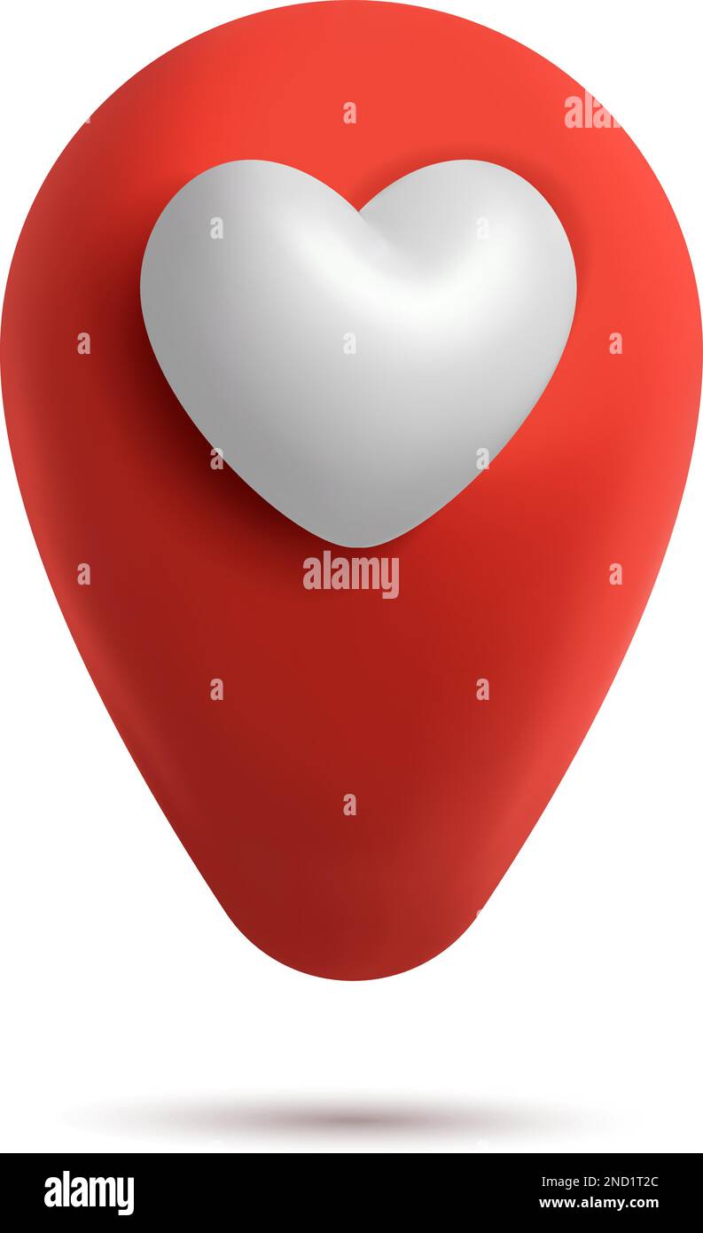 Puntatore mappa 3D icona isometrica vettore puntino valentine. Geotag rosso punto di posizione con cuore, simbolo preferito amore isolato su sfondo bianco. Vettore Illustrazione Vettoriale