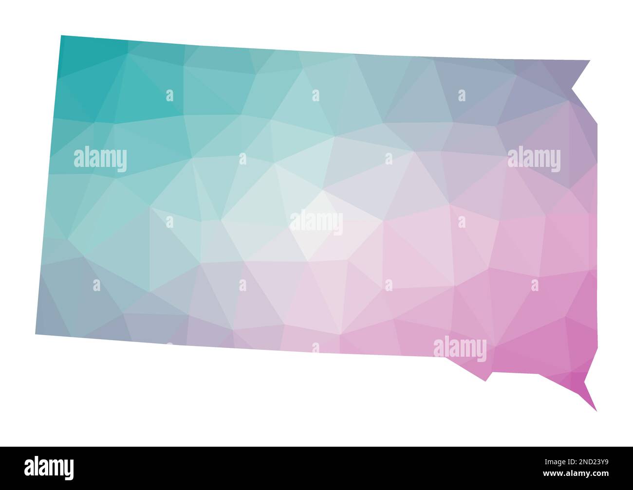 Mappa poligonale del South Dakota. Illustrazione geometrica dello stato degli Stati Uniti in colori smeraldo e ametista. Mappa del South Dakota in basso stile polietilene. Illustrazione Vettoriale