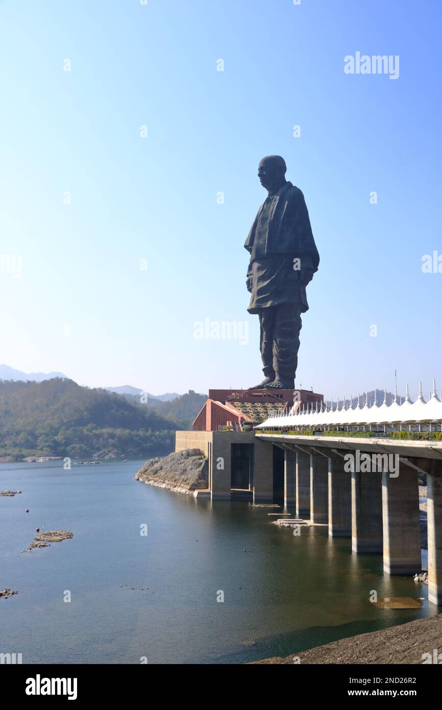 Statua dell'unità vista aerea presa a Narmada, Gujarat in India Foto Stock