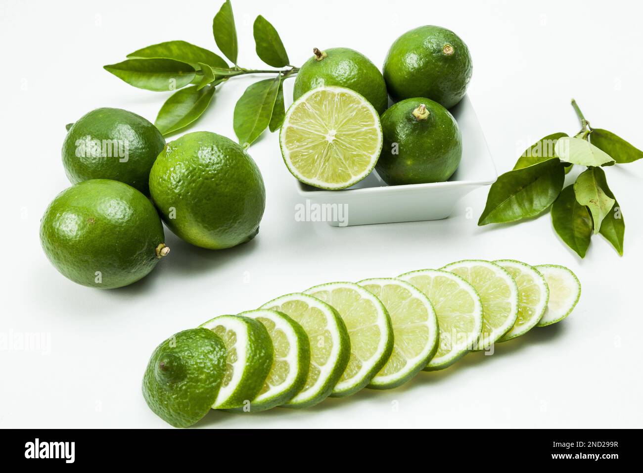 Limone verde tahiti o Citrus latifolia, isolato su sfondo neutro. Foto Stock