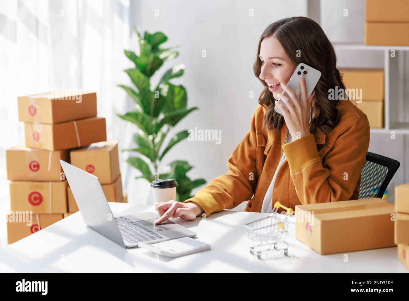 Concetto di consegna pacchi e vendita on-line, Venditore o. Foto Stock