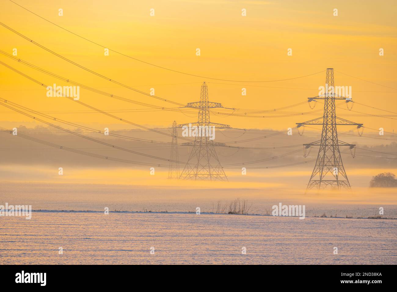 Linee elettriche sopra i campi innevati al tramonto vicino a Ifield, Gravesend Kent Foto Stock