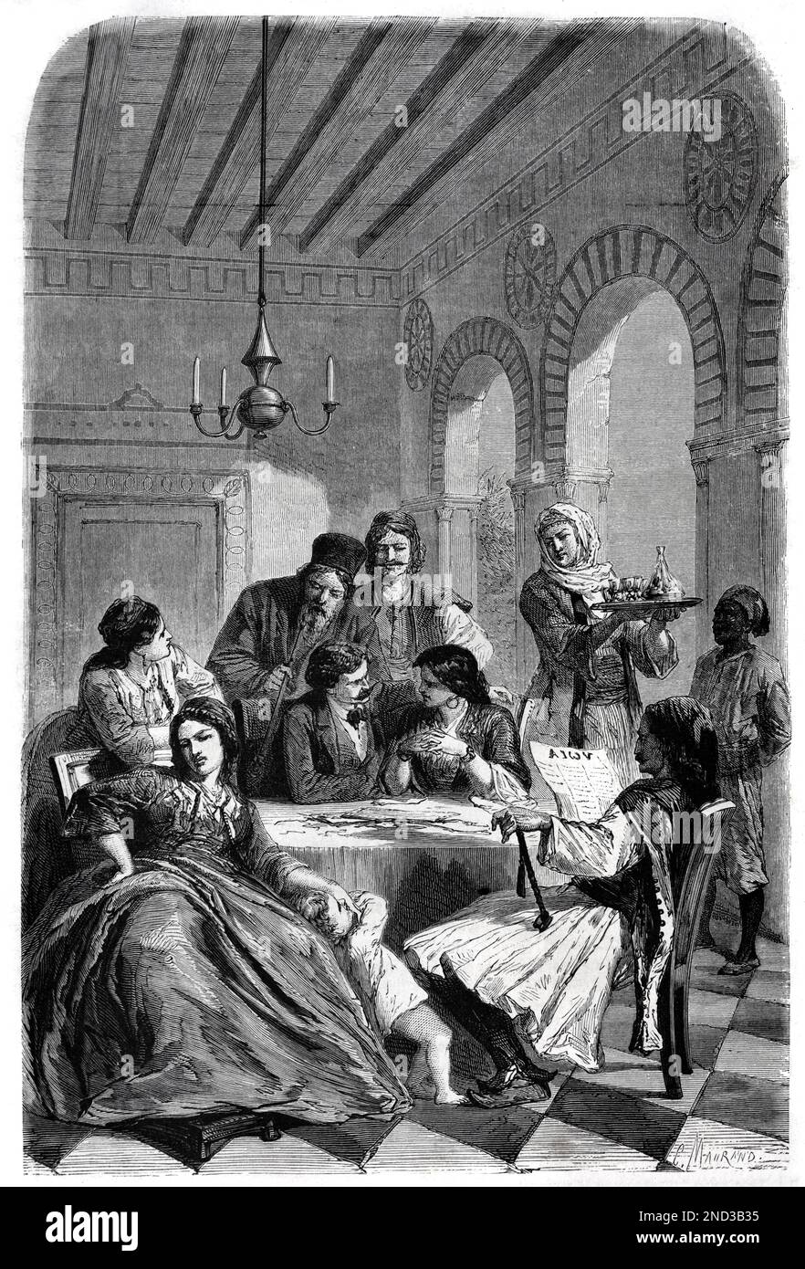 Interno della tradizionale casa greca o casa e ricca famiglia greca, classe superiore o borghesia greca durante il periodo dell'Impero Ottomano Atene Grecia. Vintage Engraving o Illustrazione 1862 Foto Stock