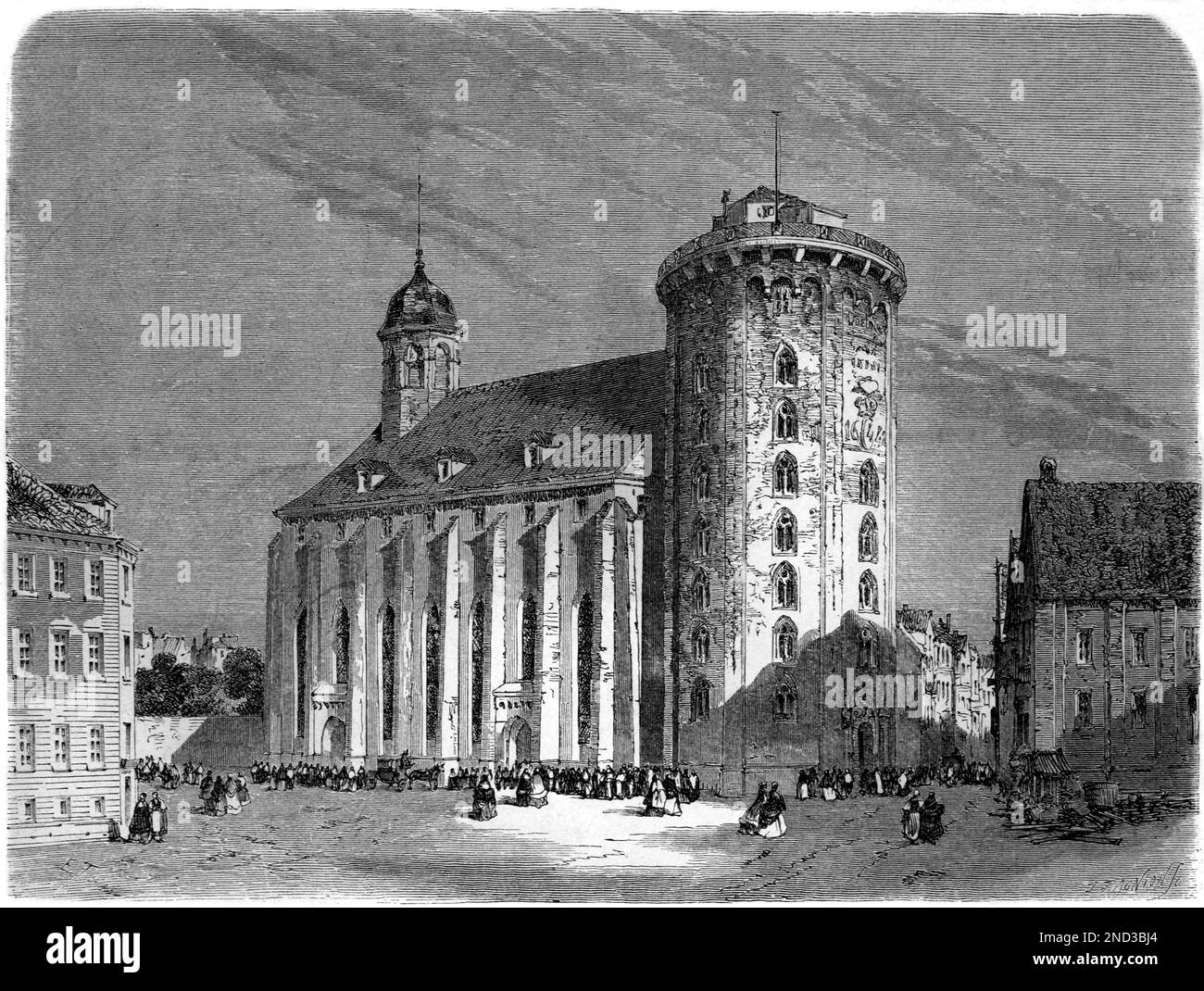 Torre rotonda o Rundetaarn, un osservatorio astronomico del c17th e Trinitatis Church e complesso Copenhagen Denmark. Vintage Engraving o Illustrazione 1862 Foto Stock