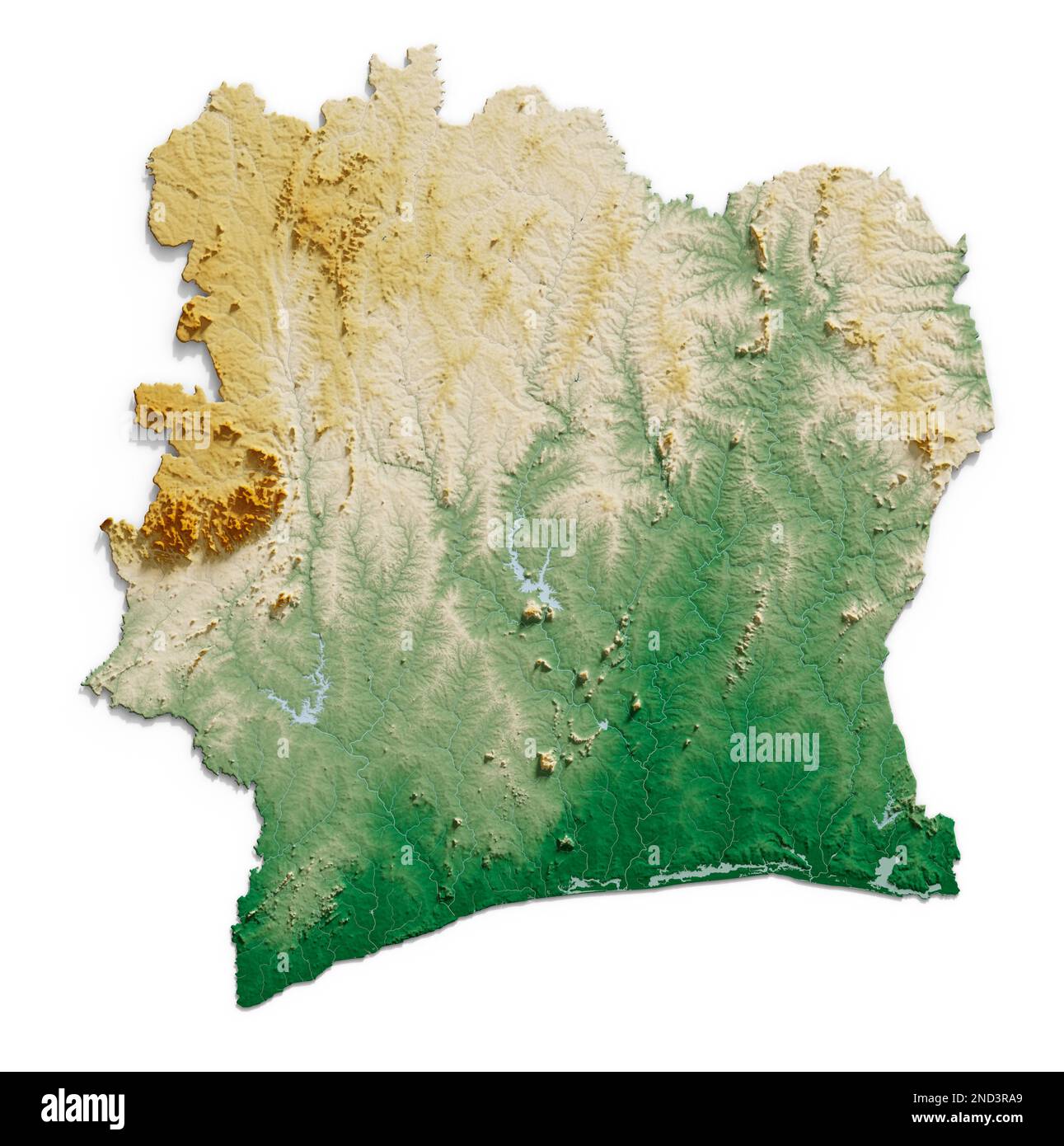 Costa d'Avorio. Rendering 3D estremamente dettagliato di una mappa in rilievo ombreggiata con fiumi e laghi. Colorato dall'elevazione. Creato con i dati satellitari. Foto Stock