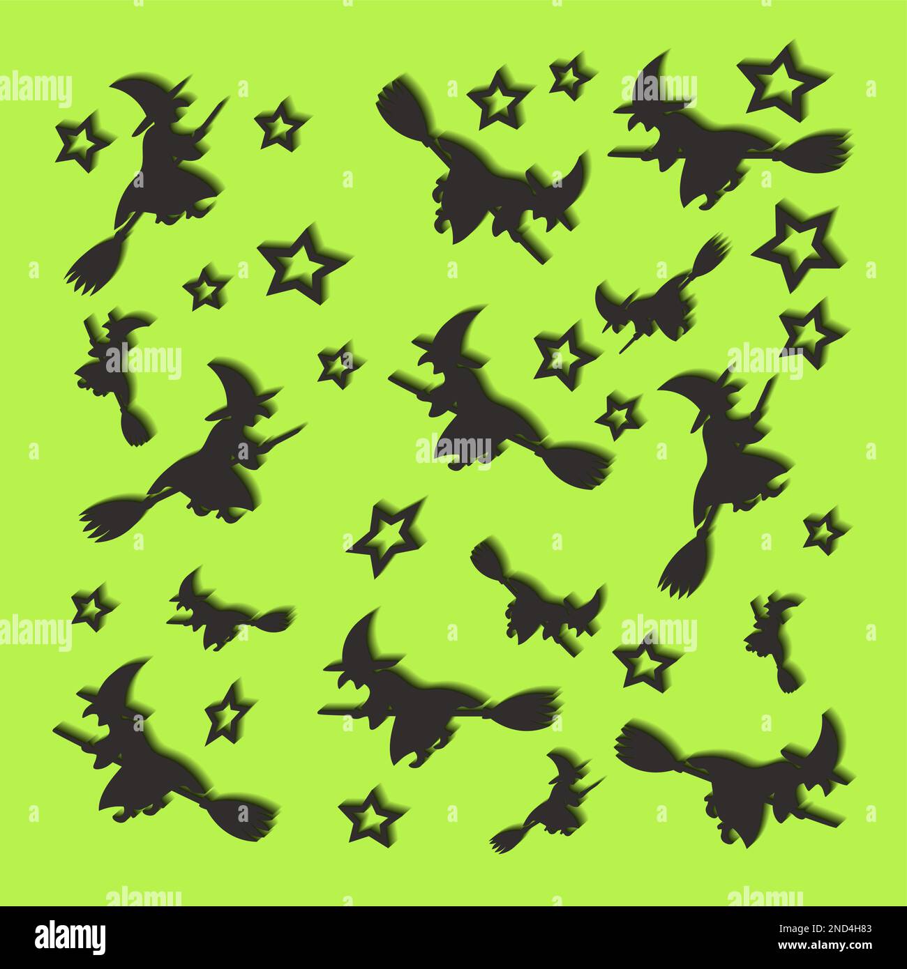 Halloween con stelle e streghe volanti su sfondo verde Illustrazione Vettoriale