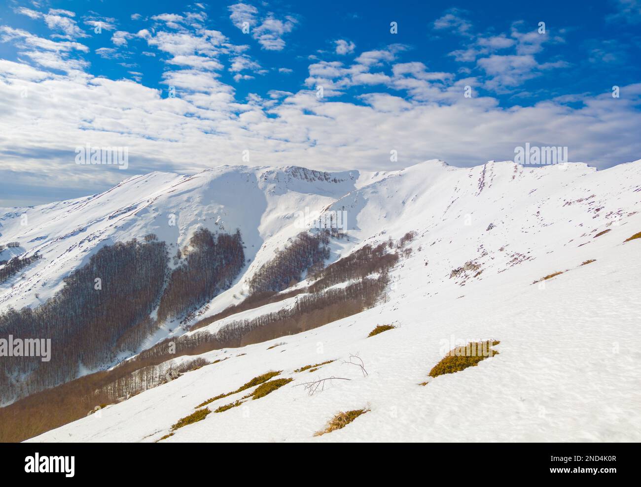 Pizzo Deta (Italia) - Veduta sulla neve dell'alta vetta dei Monti Ernici, in provincia di Frosinone, con un'altitudine di oltre 2000 metri, da Prato di Campoli Foto Stock