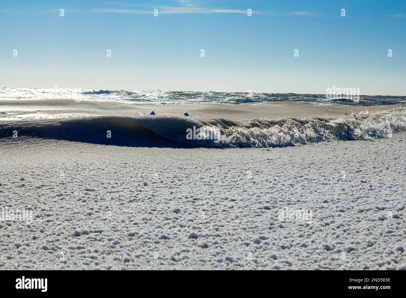 Primo piano della costa ghiacciata, delle onde ghiacciate, delle rocce e del sole che si abbagliano sul ghiaccio Foto Stock