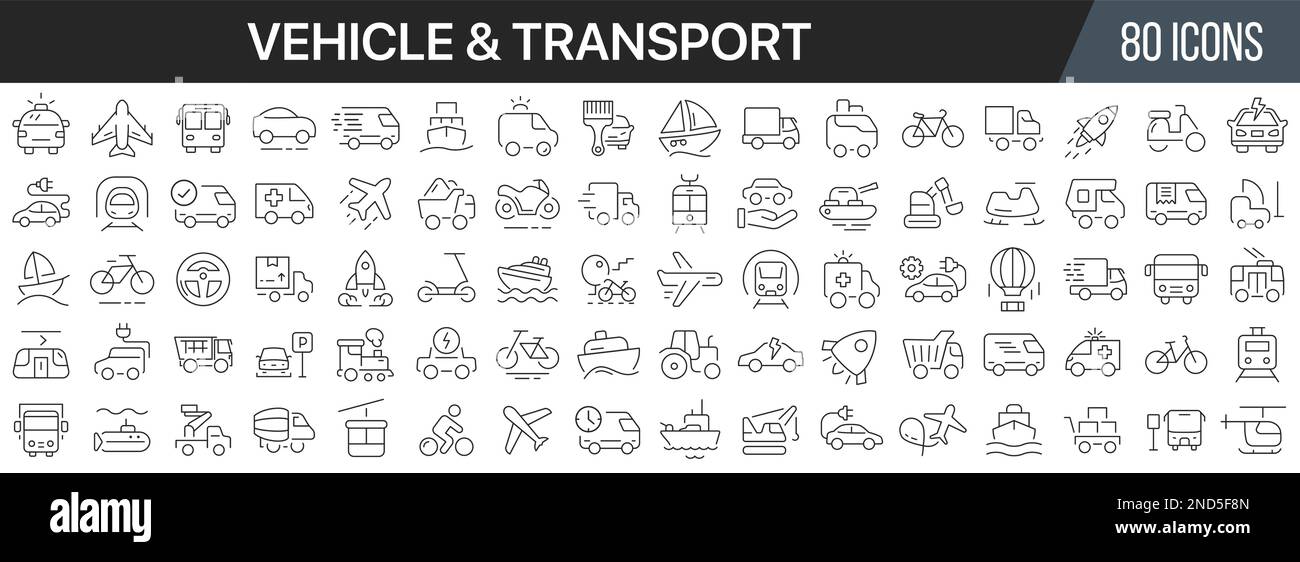 Raccolta di icone del veicolo e della linea di trasporto. Grande icona dell'interfaccia utente in un design piatto. Pacchetto di icone con contorno sottile. Illustrazione vettoriale EPS10 Illustrazione Vettoriale