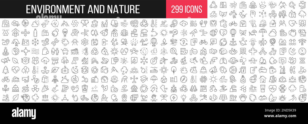 Ambiente e natura lineare icone collezione. Grande set di 299 icone sottili in nero. Illustrazione vettoriale Illustrazione Vettoriale