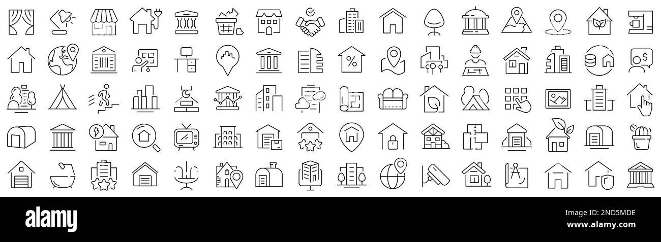 Set di icone di linea immobiliare. Collezione di icone lineari nere Illustrazione Vettoriale