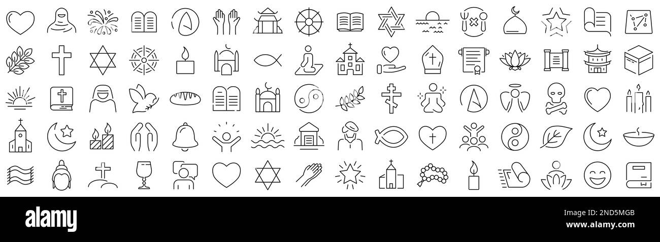 Set di icone di religione e di linea di fede. Collezione di icone lineari nere Illustrazione Vettoriale